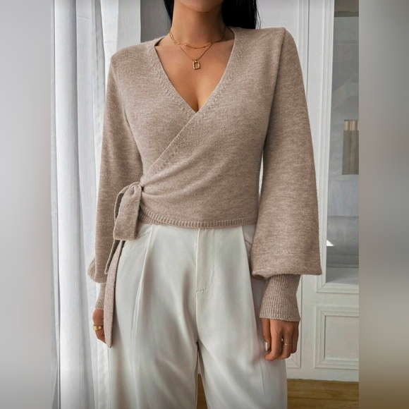 New Chic Wrap Knit Sweater Top Bishop Long Sleeve Khaki Tan - Picture 3 of 8